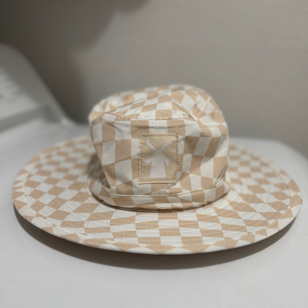 Tan and White Summer Checkered Hat (Dutch Bros logo)
